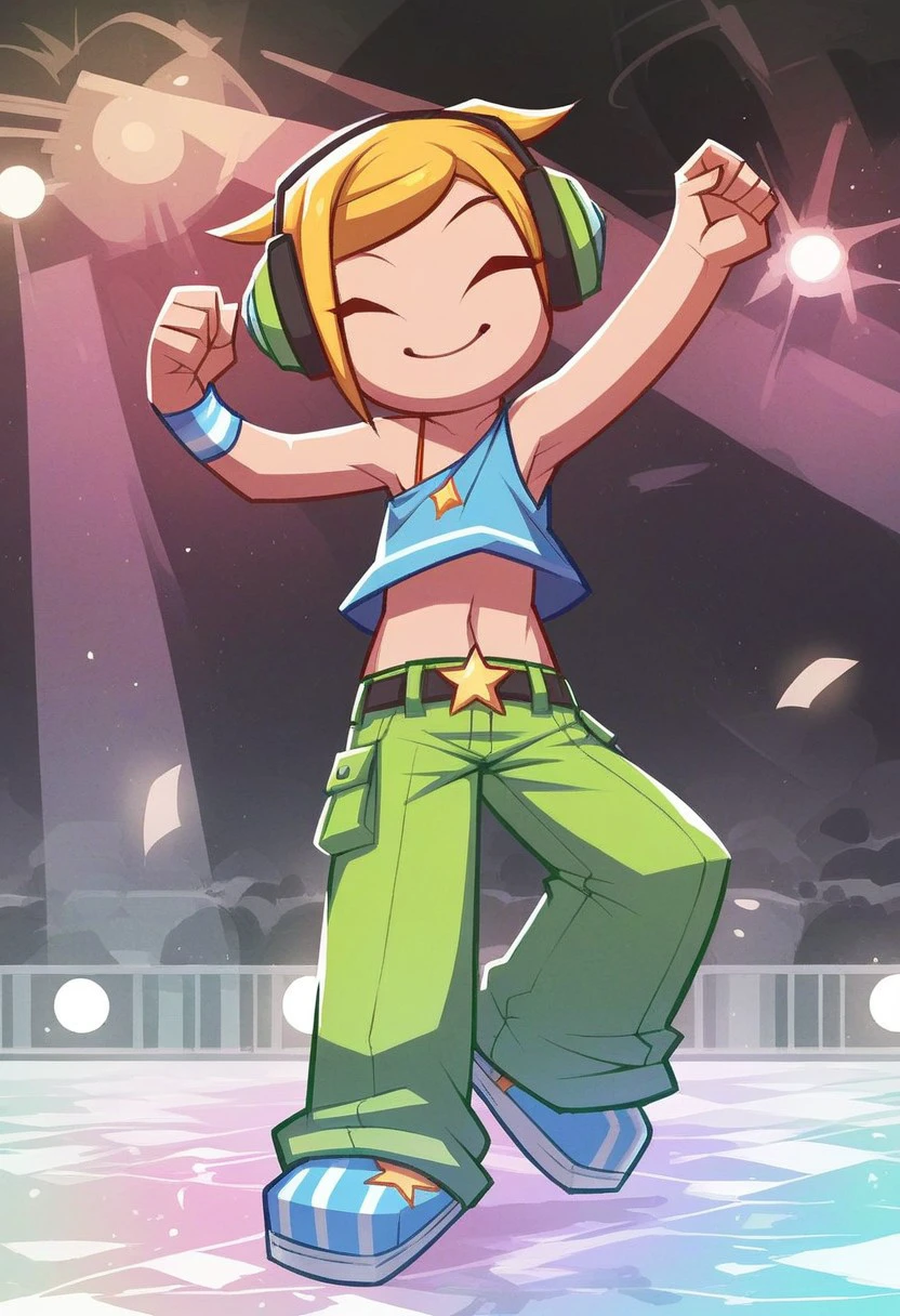 score_9_up, score_8_up. score_7_up, score_6_up, 1girl, solo, DJCandy_MySims, short blonde hair, eyes closed, smile, headphones, bikini top, baggy green pants, belt, wristband, striped footwear, adult, (dancing), (painted art), (at a disco)