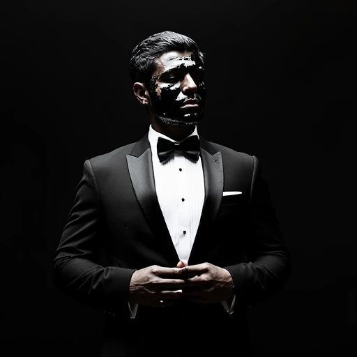 man in tuxedo at gala covered in black paint