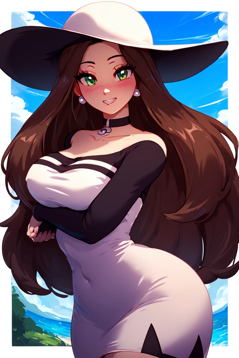 score_9, score_8_up, score_8, medium breasts, (curvy), cute, eyelashes,       ,,, , ,,,  zzBeauty, brown hair, long hair, green eyes, earrings, large breasts, white sun hat, white dress, black sleeves, <lora:Beauty_Pokemon_PDXL:0.8>, ,,,, BREAK, smile, closed mouth, looking at viewer, cowboy shot, ,,, embedding:zPDXL, Expressiveh, ,,, <lora:Konpeto_PDXL_v3:1.0>, <lora:SDXLFaeTastic2400:0.5>, <lora:Expressive_H-000001:0.4>,