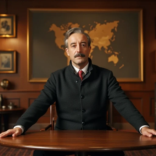 an image of peter sellers sitting in a large room with a round table and a map on the wall