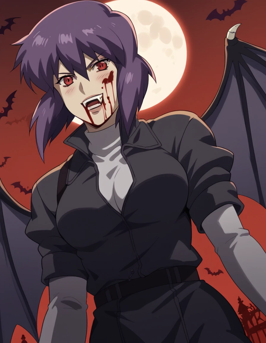 score_9, score_8_up, score_7_up, source_anime, <lora:motoko-kusanagi-s2-ponyxl-lora-nochekaiser:1>, motoko kusanagi, kusanagi motoko, short hair, large breasts, red eyes, purple hair,, <lora:vampire-ponyxl-lora-nochekaiser:1>, vampire, red eyes, pointy ears, fangs, black dress, wings, blood, blood on face, blood on mouth, bat (animal), halloween, halloween costume, upper teeth only, night, moon, blush, smile, open mouth, , dutch angle, cowboy shot