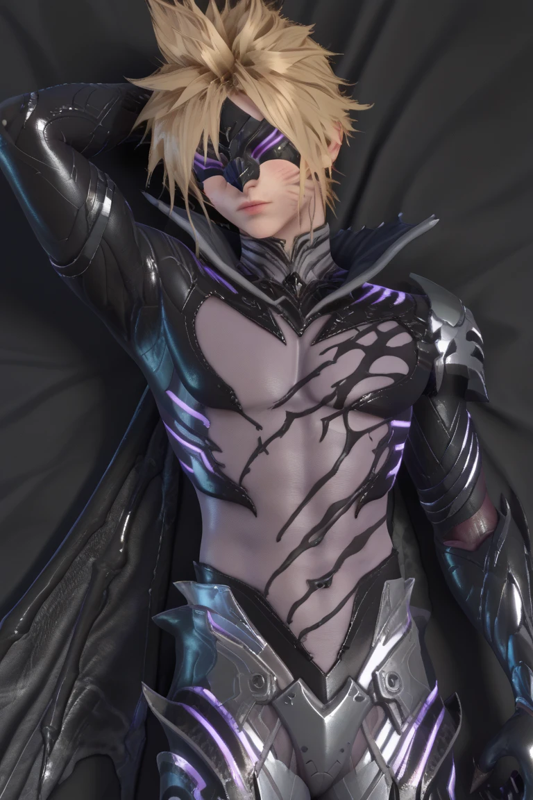 score_9, score_8_up, score_7_up, score_6_up, score_5_up, score_4_up
cloud_baha, blonde hair, mask, bodysuit, black armor, 1boy, solo, male focus, feathers, spiked hair, lying, on back, 3d