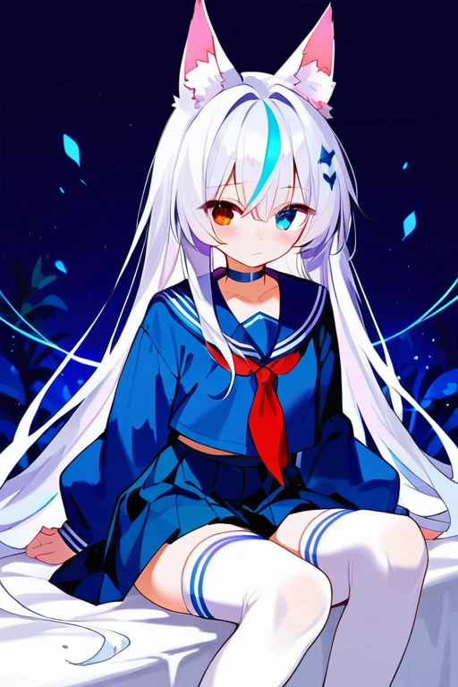 zPDXL3, score_9, score_8_up, score_7_up, heterochromia, younger, 1girl, animal ear fluff, animal ears, bangs, blue eyes, blue sailor collar, choker, closed mouth, eyebrows visible through hair, glowing, hair between eyes, long hair, long sleeves, neckerchief, night, pleated skirt, red neckerchief, sailor collar, sailor dress, serafuku, shirt, sitting, skirt, sleeves past wrists, solo, thighhighs, very long hair, white legwear, white hair, <lora:Shiro:1>,