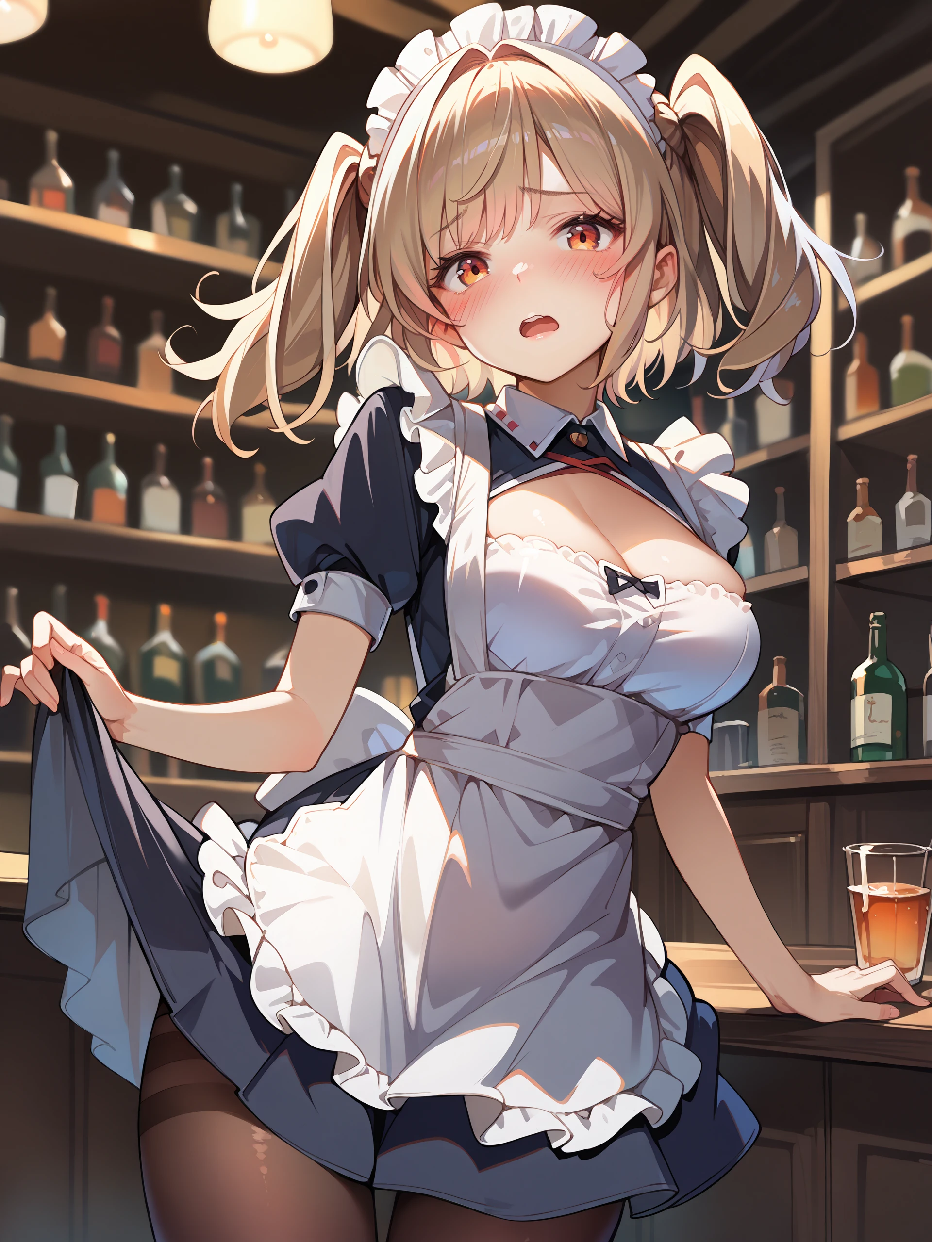 1girl, burnice white, twintails, solo, maid, maid headdress, maid apron, embarrassed, pantyhose, open mouth, blush, parted lips, looking at viewer, cowboy shot, bar \(place\), indoors, depth of field <lora:Char-ZZZ-Burnice-V1-Pony:0.9>, score_9, score_8_up, score_7_up, source_anime