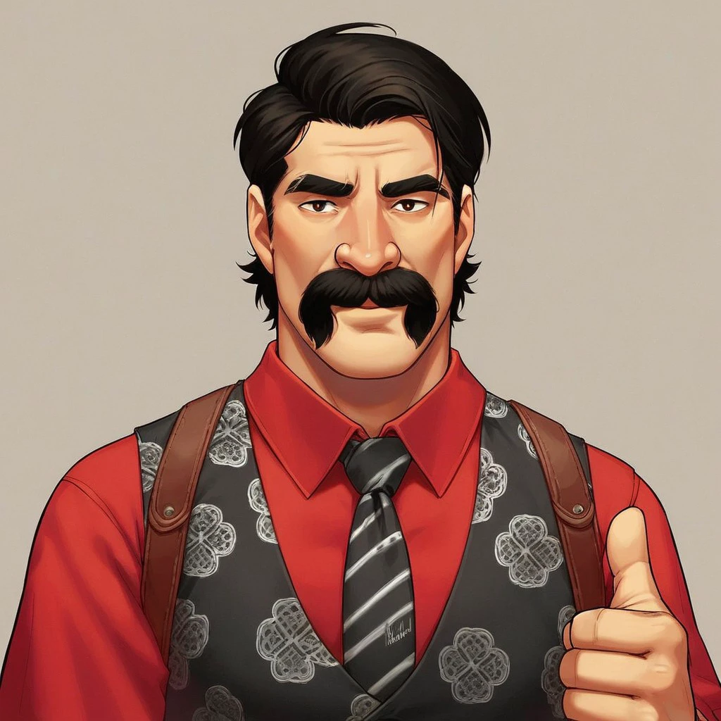 zPDXL3, Score_7_up, score_8_up, male focus, 2d, cartoon, cel shading, 
BREAK,
 upper body, nahualli, mustache, red shirt, black vest, necktie, (thumbs up), simple background,