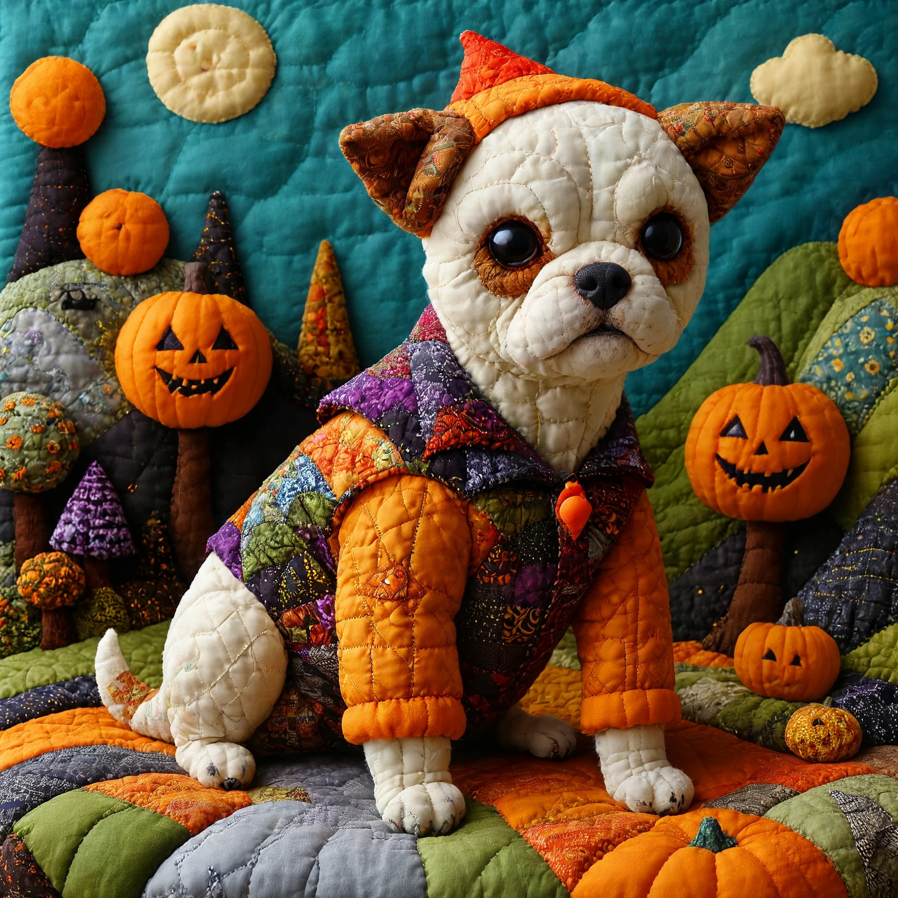 A quilted dog, dressed for Halloween, looking tough.

<lora:SoftWorld01a_CE_SDXL_64x32x180x2bOT:0.8> sftwrldCE style