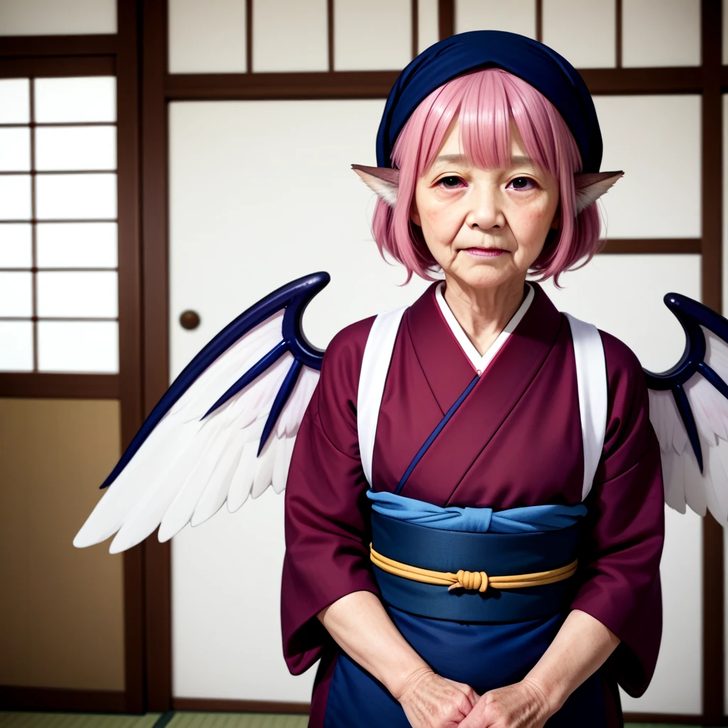 <lora:okamisty_SDXL_v2:0.5>, old woman, solo, animal_ears, sash code, tasuki, white_tasuki wings, OKMS, okamisty, mystia lorelei, (maroon_kimono:1.2), blue_headscarf, indigo blue_apron, indoors, pink hair, aged_up realistic, wrinkled skin