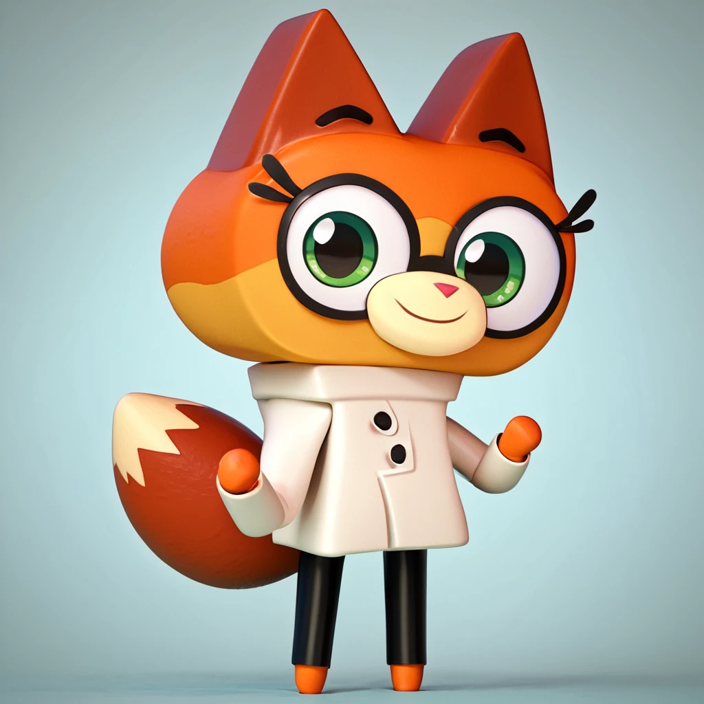 score_9, score_8_up, score_7_up, score_6_up, score_5_up, dr fox, standing, smiling, looking at viewer, solo, unikitty!, on model, source_cartoon