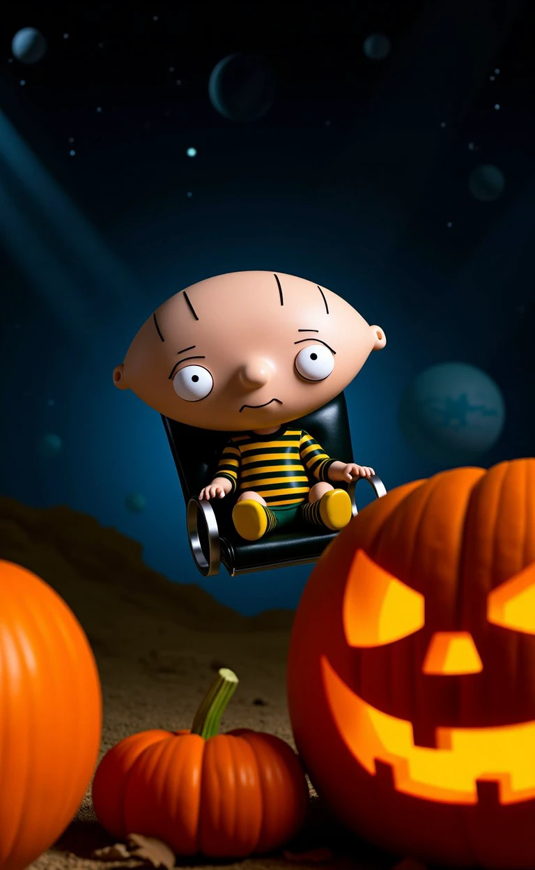 halcriply style, pumpkins, dark. Stewie Griffin \(Family Guy\) - Baby with a football-shaped head, known for his sophisticated vocabulary and evil plans., pumpkins Halloween theme AtomicHeartTwinsCosplay, super closeup portrait, Capturing the essence of cosmic serenity and earthly vigor, depict a woman suspended in her office chair amidst the vast expanse of space. Curved Sword Slash, Her surroundings are a vibrant mix of colors, with deep blacks contrasting against vivid hues. In the distance, translucent planets in shades of dark sss translucent luminous blue and dark yellow add to the surreal atmosphere. Her long hair billows freely in the weightlessness of space, embodying a sense of boundless freedom and graceful motion. deep Blacks, very detailed, atmospheric haze, Film grain, cinematic film still, shallow depth of field, highly detailed, high budget, cinemascope, moody, epic, OverallDetail, 2000s vintage RAW photo, photorealistic, candid camera, color graded cinematic, eye catchlights, atmospheric lighting, imperfections, natural, shallow of deapth,  
<lora:flux_halloween_s06_creepy_pumpkins_halcriply_style:1.1>