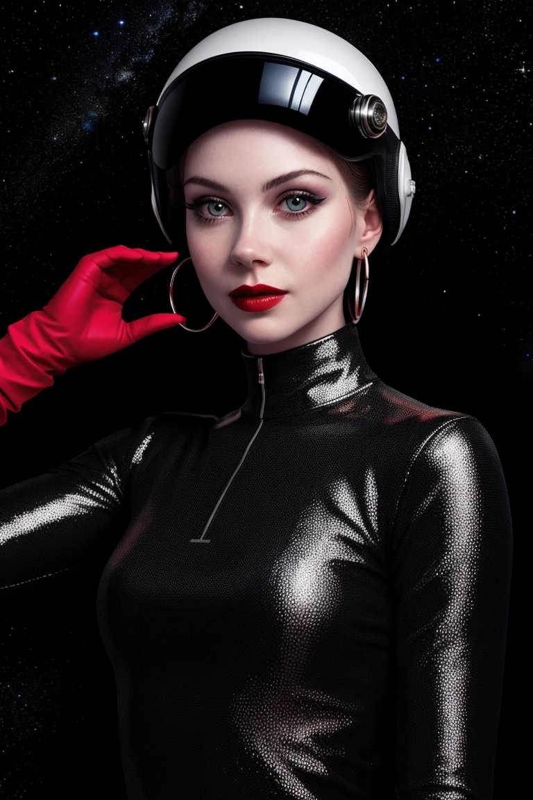 chrisapple-320,  ((detailed eyes, detailed face, masterpiece, best quality, high resolution):1.2),  ((red lipstick, blush)), ((fully clothed, modest)), , ((dark brown hair)), , 1girl, solo, hoop earrings, bracelets, beautiful photograph, dreamy, surreal, trending, art deco, , a photo of a woman, ((detailed eyes, detailed face, award winning, high resolution, masterpiece, best quality, extremely detailed)), (red lipstick, eye shadow, eyeliner, pale skin), outer space, stars, spacesuit, helmet, floating, ((modest, conservative)), earth, gloves