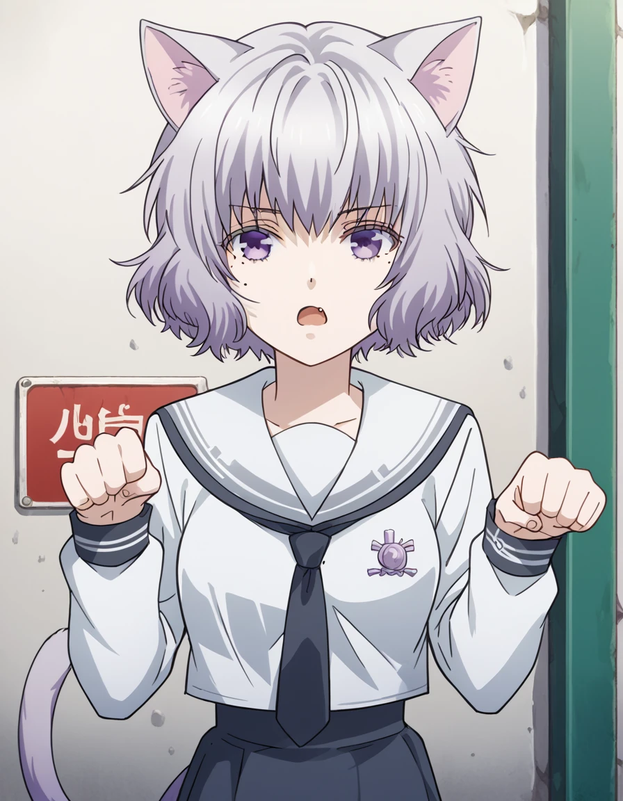 score_9, score_8_up, score_7_up, source_anime, <lora:nanami-shiranui-s1-ponyxl-lora-nochekaiser:1>, nanami shiranui, short hair, bangs, purple eyes, grey hair, mole, mole under eye, medium breasts,, skirt, long sleeves, school uniform, necktie, serafuku, sailor collar,, bus stop, waiting, commuter, smartphone, checking time, cold morning, , <lora:paw-pose-ponyxl-lora-nochekaiser:1>, paw pose, cat ears, cat tail, animal ears, tail, cat girl, open mouth, fang, whiskers,, looking at viewer, solo,, dutch angle, cowboy shot