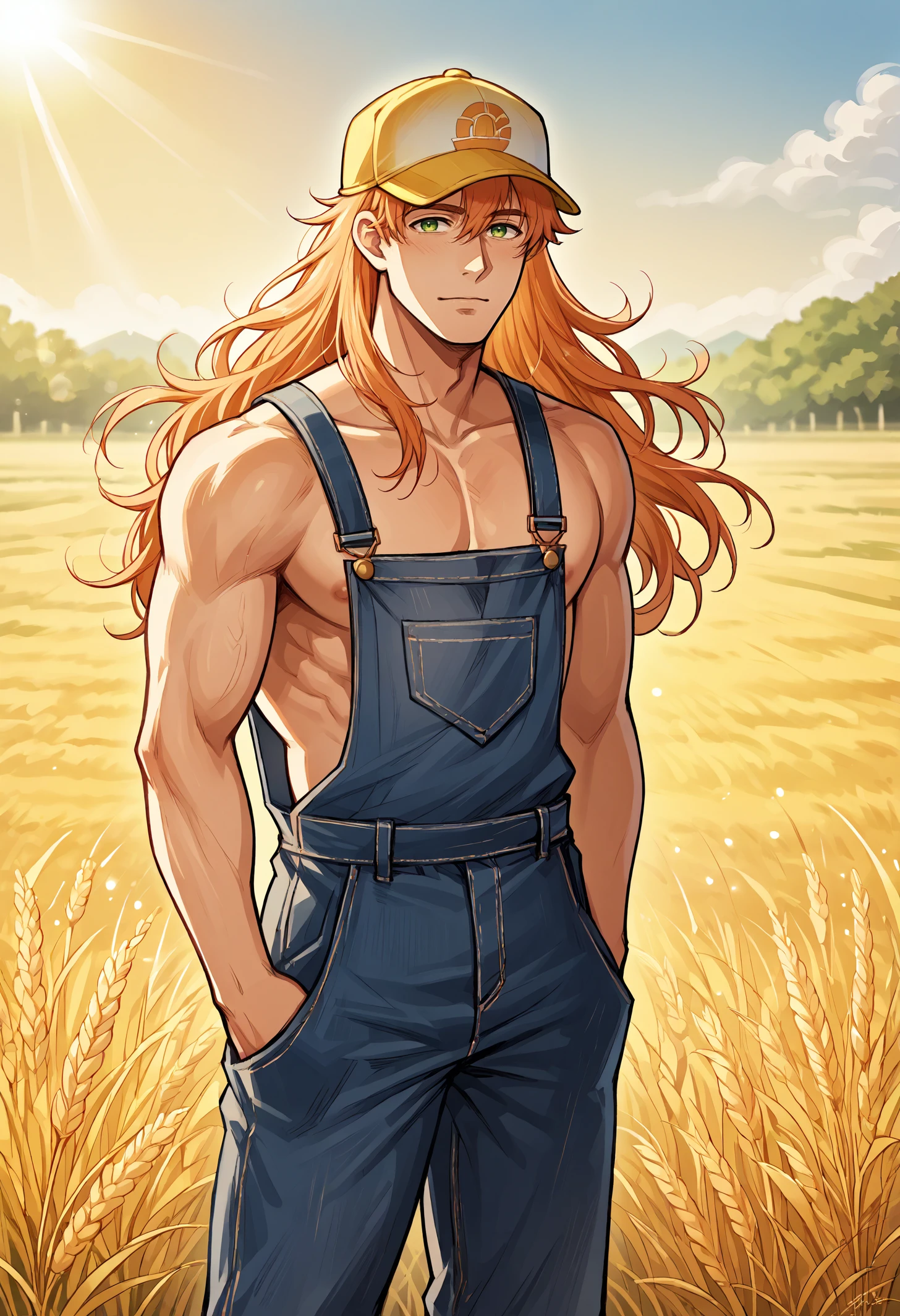 score_9, score_8_up,score_7_up, source_anime, 1boy, solo, rmnhks. male focus, green eyes, long hair, orange hair, 
naked overalls, denim, muscular male, baseball cap, 
(cinematic establishing shot), sunny background, gold theme, golden hour, god rays, lens flare, outdoors, wheat field, shallow depth of field, serenity, beautiful
<lora:rmnhks_pdxl_EliPot:1>