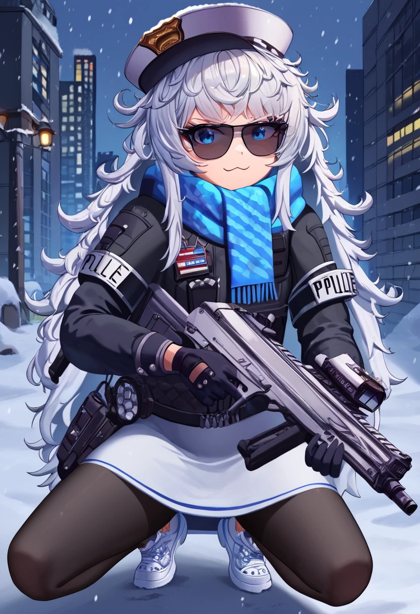 score_9,score_8_up,score_7_up, rating_general, masterpiece, source_anime, zPDXL2, city background,  new york city, police car, police siren, police light, snowy background, snow, BREAK,  <lora:Poli-000005:1>, zpolisweet, 1girl, zpolic_outfit,  solo, long hair, looking at viewer, smile, bangs, blue eyes, skirt, gloves, long sleeves, hat, holding, very long hair, closed mouth, jacket,  weapon, white hair, shoes, black gloves, scarf, holding weapon, black jacket, gun, white headwear, sunglasses, white footwear, white skirt, messy hair, sneakers, leggings, tinted eyewear, black leggings, carrying  polipoli_rifle <lora:nikke-style-poses-richy-v1_pdxl:1>, nikkecrouching, full body, kneeling