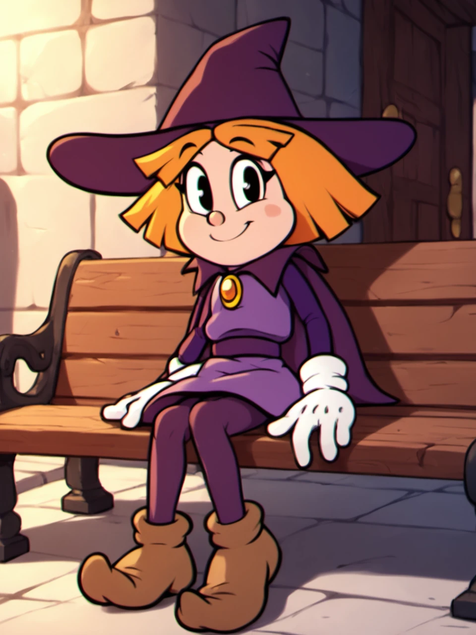 score_9, score_8_up, score_7_up,  score_6_up, BREAK, P3nny, 1girl, solo, orange hair, short hair, witch hat, purple hat, black eyes, purple dress, purple cape, purple pantyhose, white gloves, brown footwear, smile, looking at viewer, sitting on bench  <lora:Penny-000009:1>