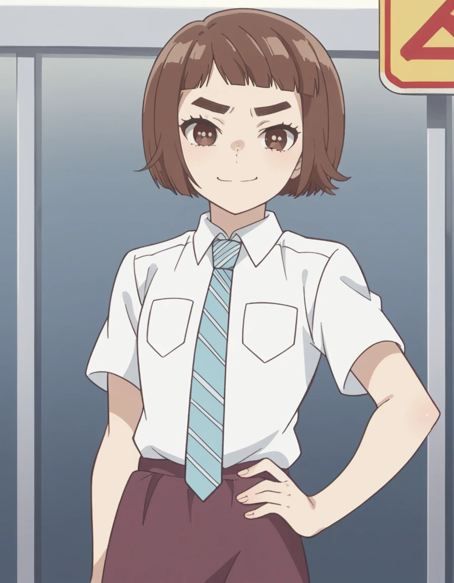 score_9, score_8_up, score_7_up, source_anime, <lora:kazusa-onodera-s1-ponyxl-lora-nochekaiser:1>, kazusa onodera, short hair, bangs, brown hair, brown eyes, blunt bangs, bob cut, thick eyebrows,, skirt, shirt, school uniform, white shirt, short sleeves, necktie, striped, collared shirt, shirt tucked in, striped necktie,, bus stop, waiting, commuter, smartphone, checking time, cold morning, , smug, hand on hips,, looking at viewer, solo,, dutch angle, cowboy shot