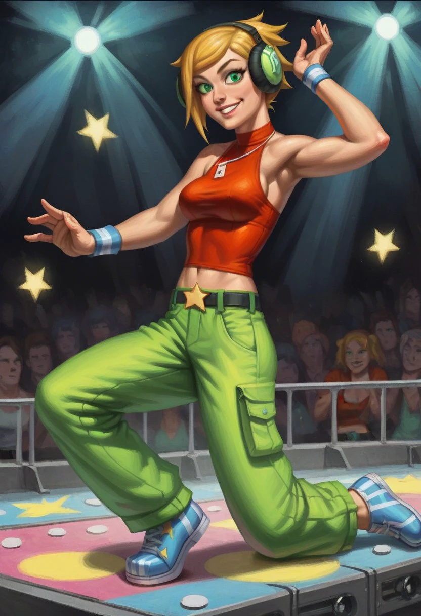 score_9_up, score_8_up. score_7_up, score_6_up, 1girl, solo, DJCandy_MySims,, short blonde hair, green eyes, smile, headphones, sleeveless red top, baggy green pants, belt, wristband, striped footwear, (dancing:1.3), adult, (painted art), (realistic), (on a disco dancefloor)