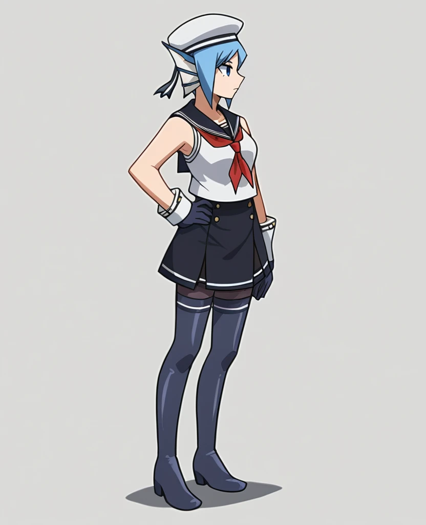 score_5_up, score_4_up,  <lora:Sirius_My_Hero_Academia-000005:0.8> , sirius1, 1girl, solo, short hair, blue eyes, skirt, thighhighs, gloves, blue hair, sleeveless, black thighhighs, black skirt, sailor collar, beret, head fins, boots, neckerchief, standing, hand on own hip, full body,