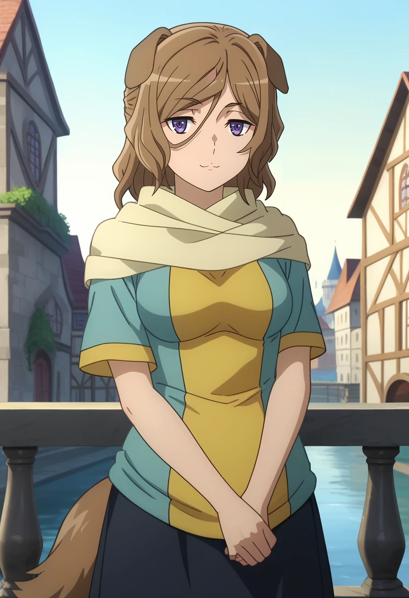 score_7_up, anime screencap,
<lora:DanMachi_NazaErsuisuXL:0.9>,
1girl, solo, closed mouth, light smile,
medium hair, brown hair, hair between eyes, purple eyes, dog ears, dog tail,
NazaErsuisu, yellow scarf, multicolored shirt, blue shirt, yellow shirt, short sleeves, black skirt, long skirt,
v arms, own hands together, standing, looking at viewer,
city, outdoors, fantasy, medieval