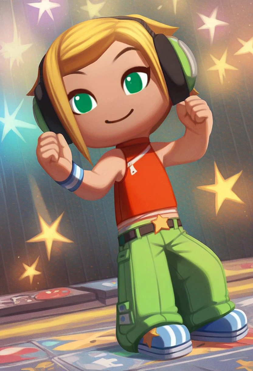 score_9_up, score_8_up. score_7_up, score_6_up, 1girl, solo, DJCandy_MySims, chibi, short blonde hair, green eyes, smile, headphones, sleeveless red top, baggy green pants, belt, wristband, striped footwear, adult, (painted art), (at a disco)