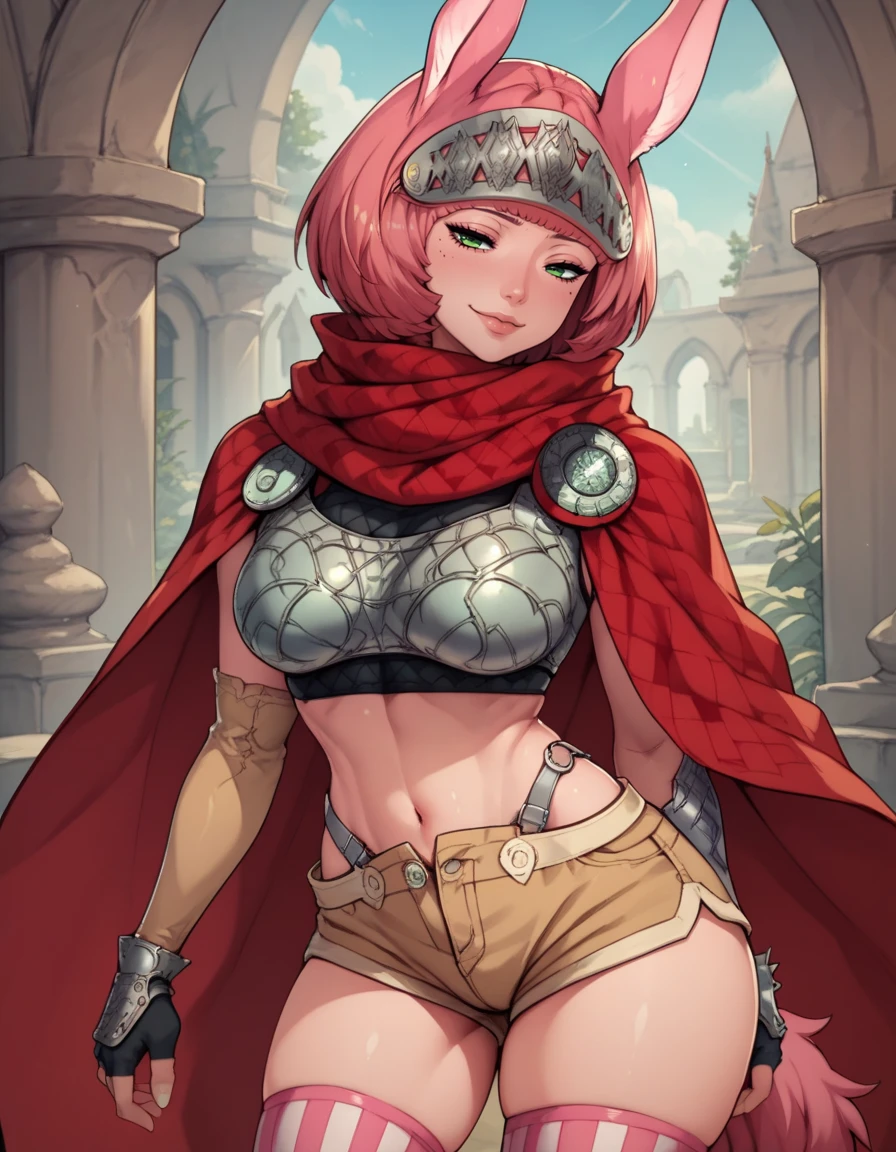 score_9, score_8_up, score_7_up,score_6_up, score_5_up, score_4_up , 1girl, solo, 
large breasts, 
CatherinaDG,
short hair, pink hair, green eyes, 
half-closed eyes, naughty face, 
red scarf,  cape, fingerless gloves, elbow gloves, shorts, tail, mismatched legwear, crop top, 
 <lora:Catherina DG PXL v01-000003:1>