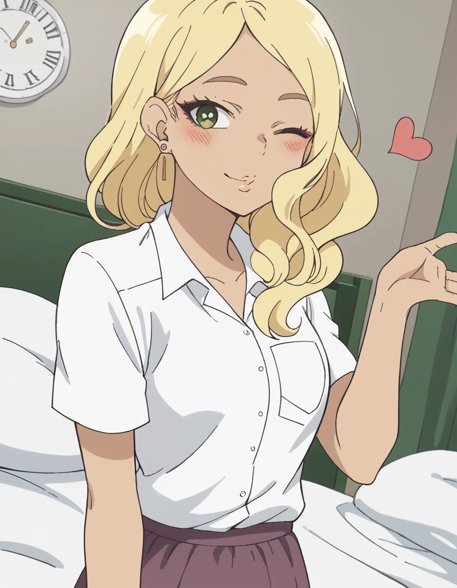 score_9, score_8_up, score_7_up, source_anime, <lora:sonoe-juujou-s1-ponyxl-lora-nochekaiser:1>, sonoe juujou, long hair, blonde hair, green eyes, dark skin, dark-skinned female, medium breasts, earrings, skirt, shirt, school uniform, white shirt, short sleeves, collared shirt, shirt tucked in,, bedroom, alarm clock, morning routine, yawning, stretching, on bed,, smile, <lora:blowing-kiss-ponyxl-lora-nochekaiser:1>, blowing kiss, pucked lips, heart, one eye closed, o3o, hand up, bed room, bed, blush, cowboy shot, dutch angle,, looking at viewer, solo,, dutch angle, cowboy shot