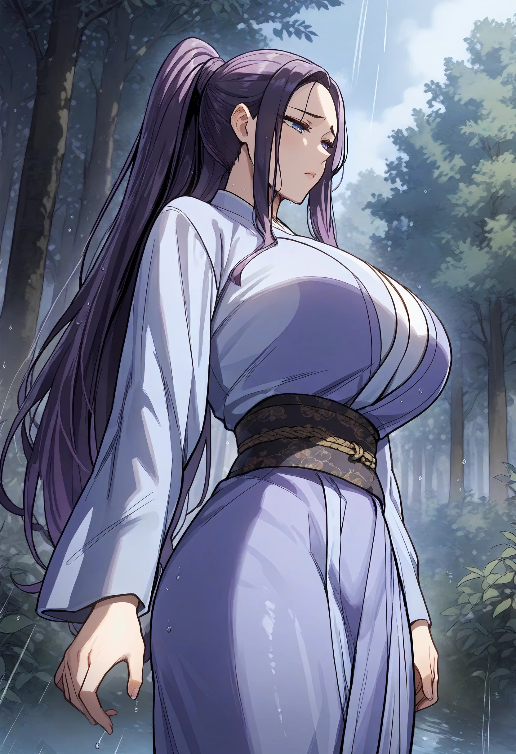 score_9, score_8_up, score_7_up, score_6_up, source_anime, rating_explicit, 1girl, solo, huge breasts, <lora:Jegal hye prefectPonyxl:0.95> long hair, black hair, blue eyes, high ponytail, sidelocks, purple eyes, purple hair, (blue kimono:1.2), (white shirt:0.9), long sleeves, black sash, blue skirt, half-closed eyes, sad, forest, outdoors, looking down, standing, walking, rain, from side, wet