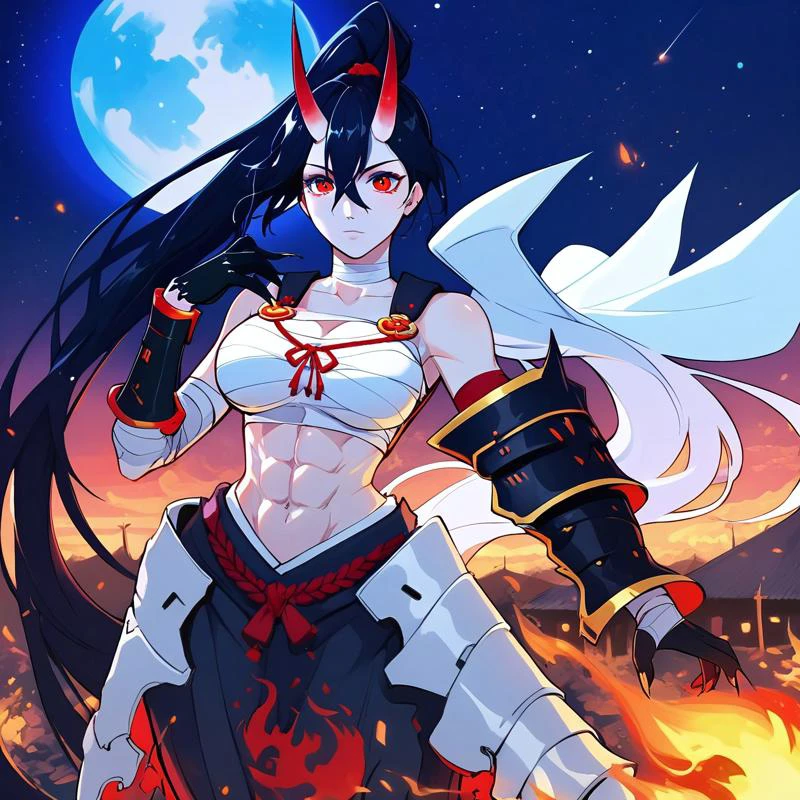 safe_pos, score_9, score_8_up, score_7_up, tamaytka, detail1eye,
1girl, solo,
straight-on shot, panorama,
(standing),
hand up, open hand
Fireball, casting fireball with hand up,
BREAK
(Thicc:1.4), (large breasts:1.4), (wide hips:1.5), (thick thighs:1.2), abs, fit, White skin,
akakage youtou hime, (Black hair), ponytail, (absurdly long hair:1.4),
red eyes, tsurime,
sarashi, bandages, midriff, detached sleeves, (floating armor arm piece:1.5), single gauntlet, faulds, sharp nails, (black hands:1.5),
BREAK
(night), moon, (Japanese village), (darkness:1.4), (Japan night)