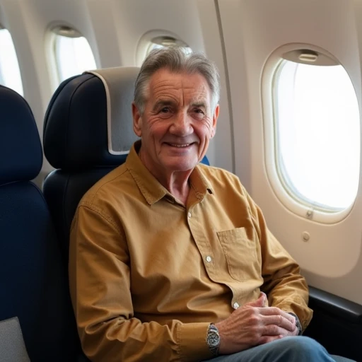 an image of Michael Paling wearing a tan shirt sitting on an air liner