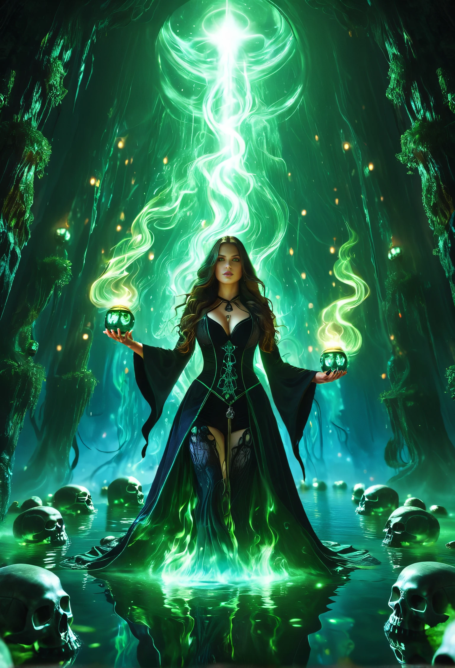 abyssmerald, (1girl, portrait, close-up, low angle view, wading, a witch, casting spell, glowing eyes, long wavy hair, wearing gothic robe, floating hair, large breasts, narrow waist, wide hips, thousand skulls made of green and blue flame flying around her, magic, aura, energy flow), dark, haunting, green fog, cave, ruins, root, river, water reflection, blue lantern, background fantasy, ancient background, masterpiece, top quality, best quality, official art, cinematic lightings, photorealistic. <lora:Abyssal of Emerald:0.6>