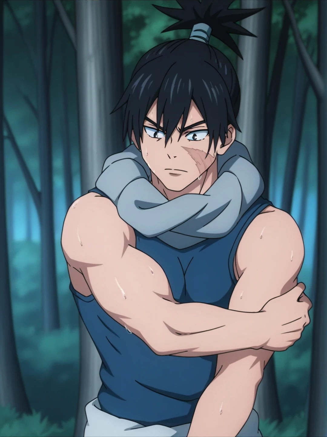 score_9, source_anime, sweat, 1boy, sweat, ponytail, forest, flex biceps, , scar on face, scarf, <lora:Kokichi_Muta:0.6>