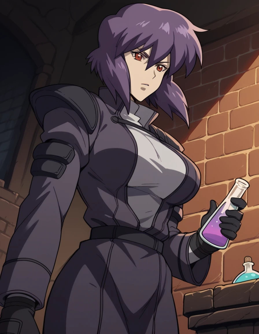 score_9, score_8_up, score_7_up, source_anime, <lora:motoko-kusanagi-s2-ponyxl-lora-nochekaiser:1>, motoko kusanagi, kusanagi motoko, short hair, large breasts, red eyes, purple hair,, <lora:wizard-ponyxl-lora-nochekaiser:1>, wizard, wizard hat, robe, dress, long sleeves, gloves,, indoors, bricks, potion, flask, vial,, cowboy shot,, , dutch angle, cowboy shot