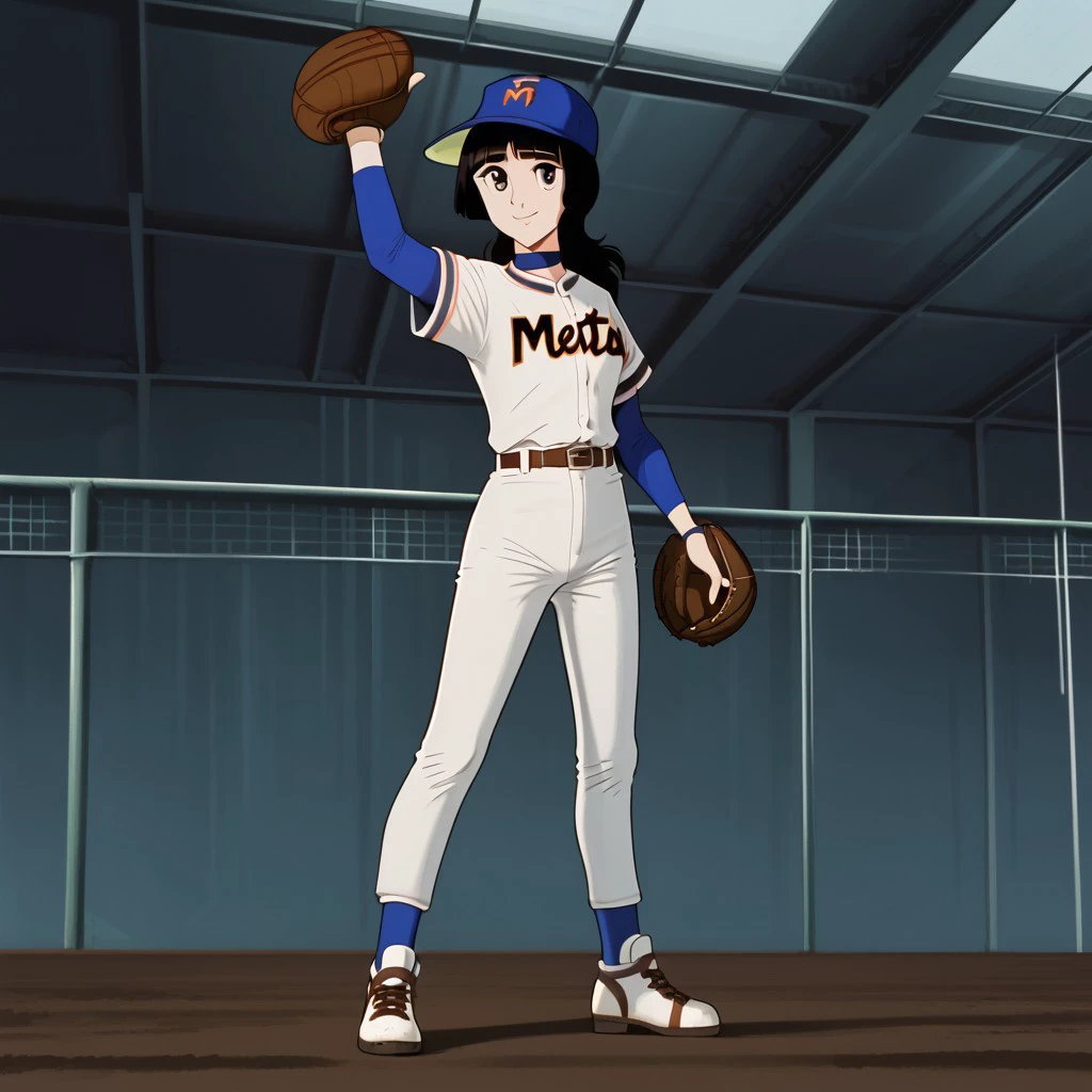 retro artstyle, 1girl, solo, Yuki, black hair, black eyes, long hair, bangs, blunt bangs, baseball uniform, baseball mitt, baseball, sportswear, belt, shirt, short over long sleves, choker, pants, white pants, hat, baseball cap, shoes, baseball shoes, smile, full body, standing, baseball field, front view