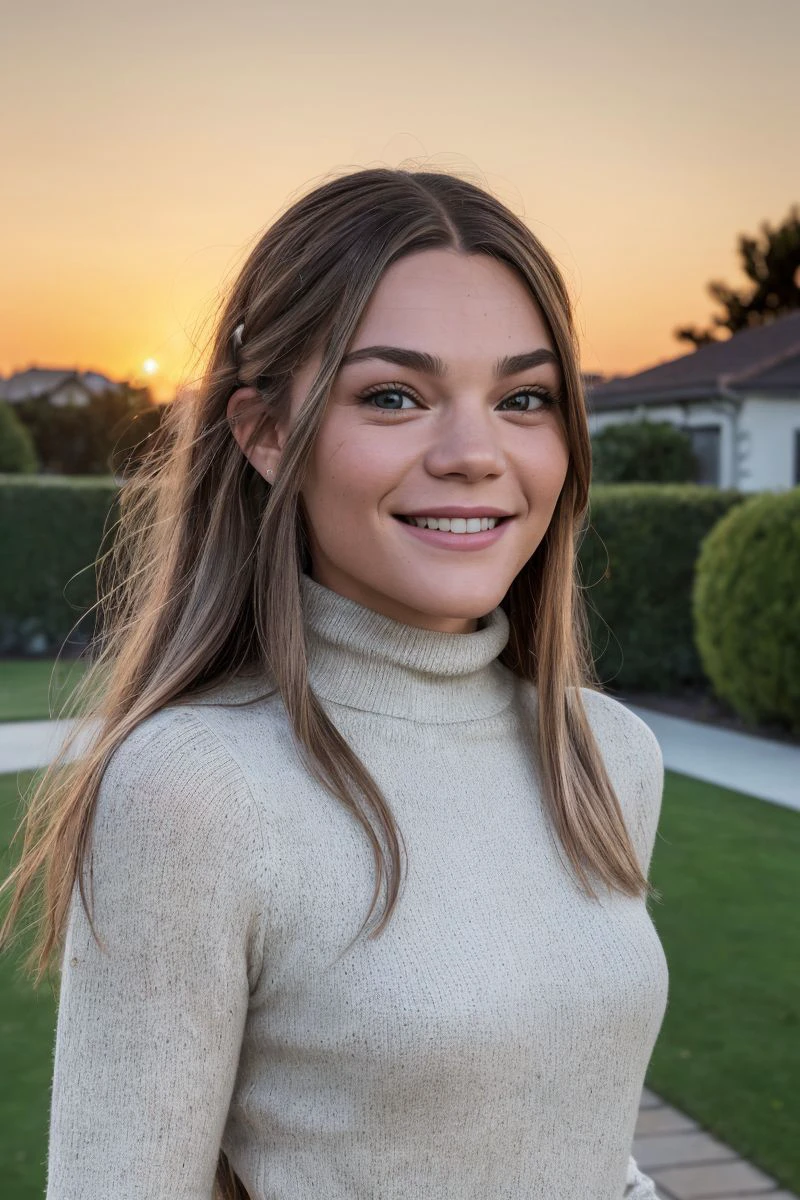 headshot of S576_JuniperRen,a gorgeous woman,in a (garden),wearing a (turtleneck),(smiling),(sunset),(4k, RAW photo, best quality, 50mm, depth of field, ultra high res:1.1),(intricate, photorealistic, cinematic-shot, masterpiece, ultra-detailed:1.1),