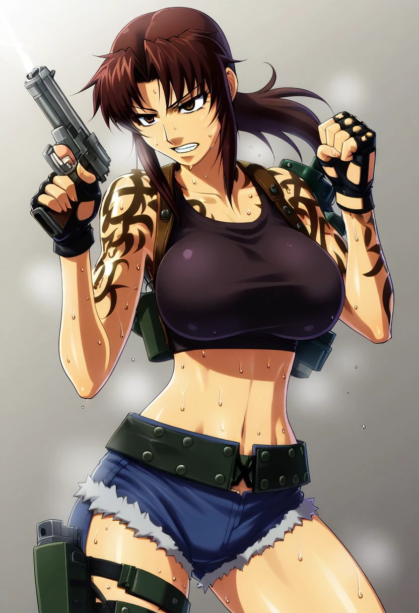 Anime girl, with brown skin tone, big boobs, brown eyes, small eyes, wavy black hair, and a small tattoo of koi fish make it cooler. DO NOT MAKE HER WEAR A BRA, just sleeveless. FIERCE LOOK and she should have a gun in her back. Side view and dangerous look