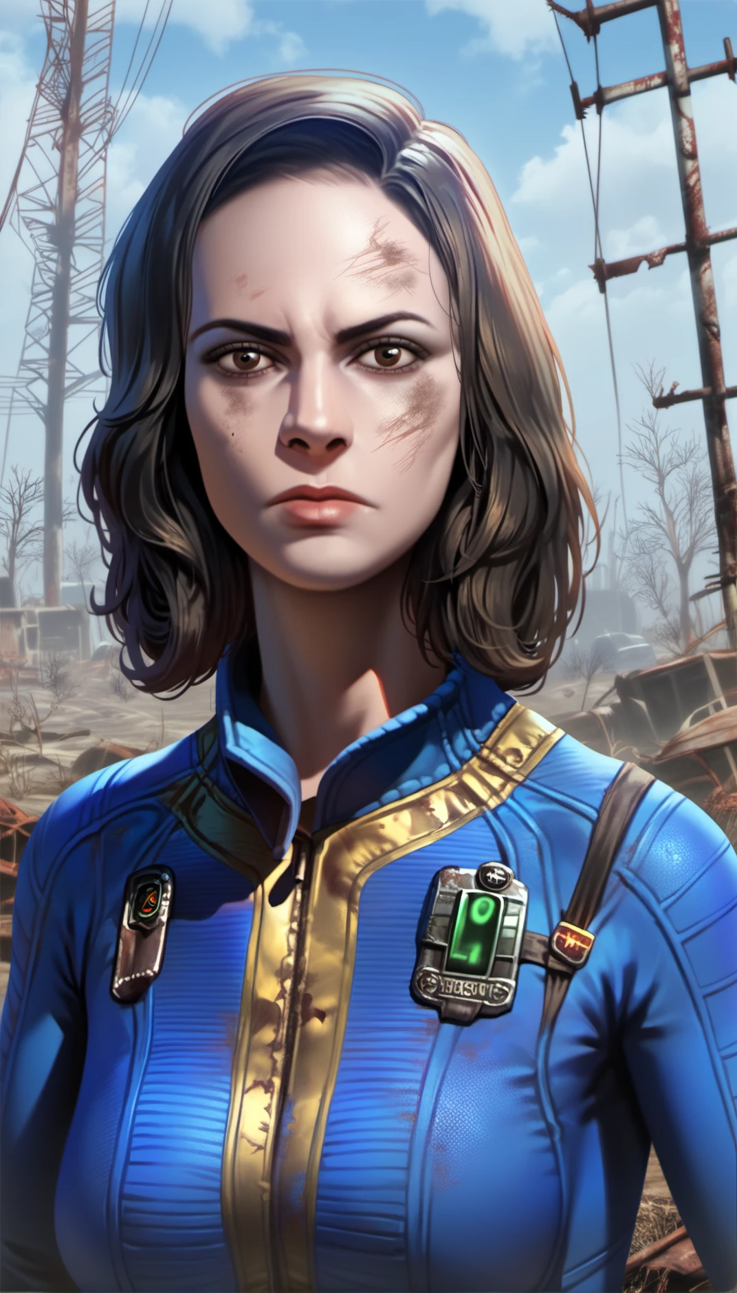 score_9,score_8_up,score_7_up,
<lora:nora:0.9>,fo4nora,
realistic,
1girl,solo,black hair,medium hair,brown eyes,looking at viewer,serious face,dirty blue jumpsuit,portrait,
outdoors,blurry background,post-apocalypse,blue sky,cloud,barren wasteland,wilderness,dry and desolate ground,dead tree,