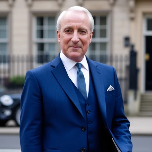 An image of Ian Richardson in a blue three piece suit standing outside a government building