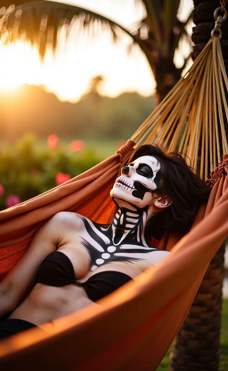 skalchur makeup, closeup man, dangerous A woman resting in a hammock in a tropical garden, the soft glow of the setting sun casting golden light on the surrounding palm trees and vibrant flowers. 
<lora:flux_halloween_s08_skeleton_skalchur_makeup:1.0>