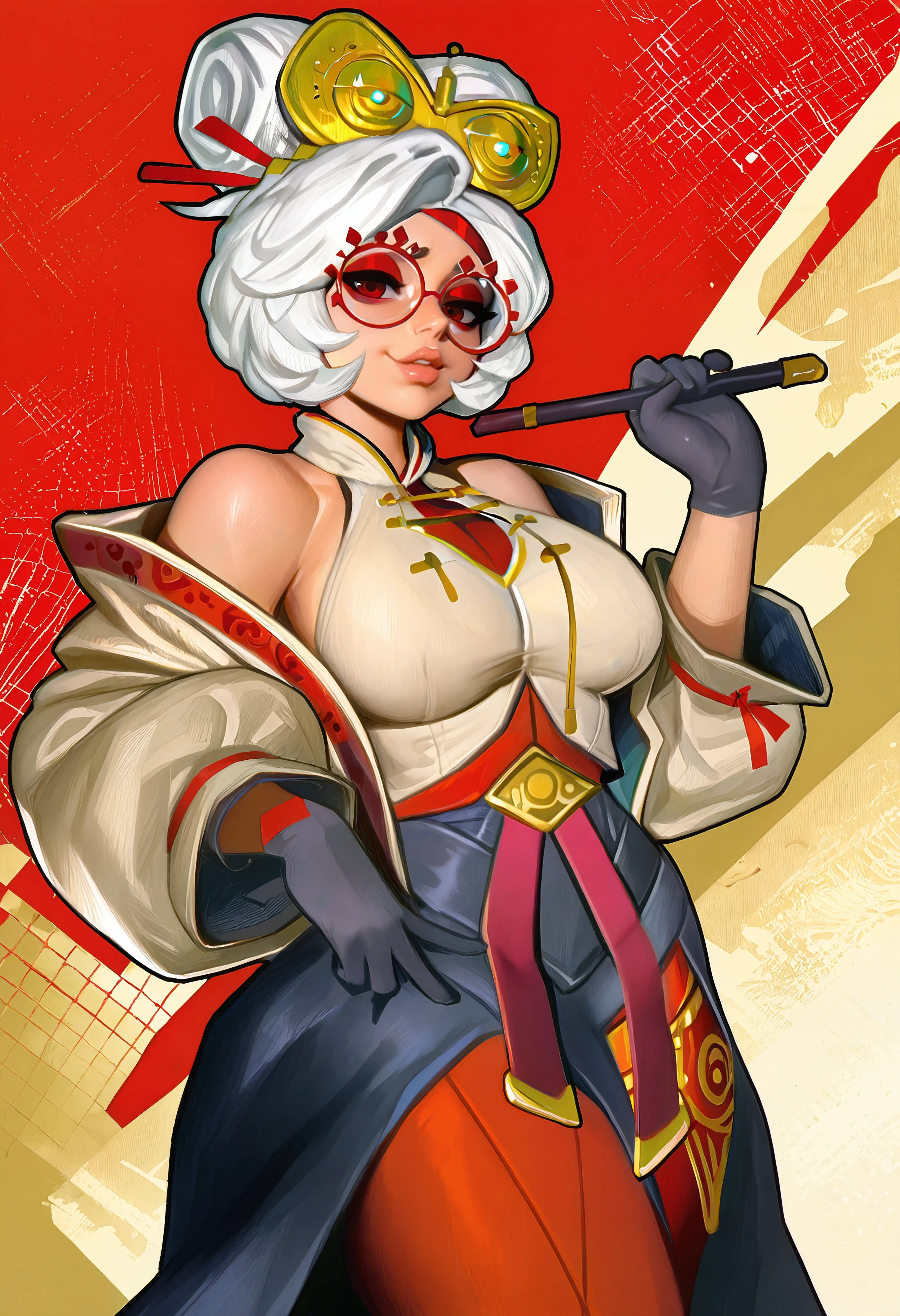 masterpiece, best quality, 1girl,purah,smug,white hair,red eyes,red glasses,eyewear,coat,off shoulder,sash,skirt,red leggings,cowboy shot,lips,abstract background,gloves,looking at viewer, holding stick <lora:ickp_ill:1>