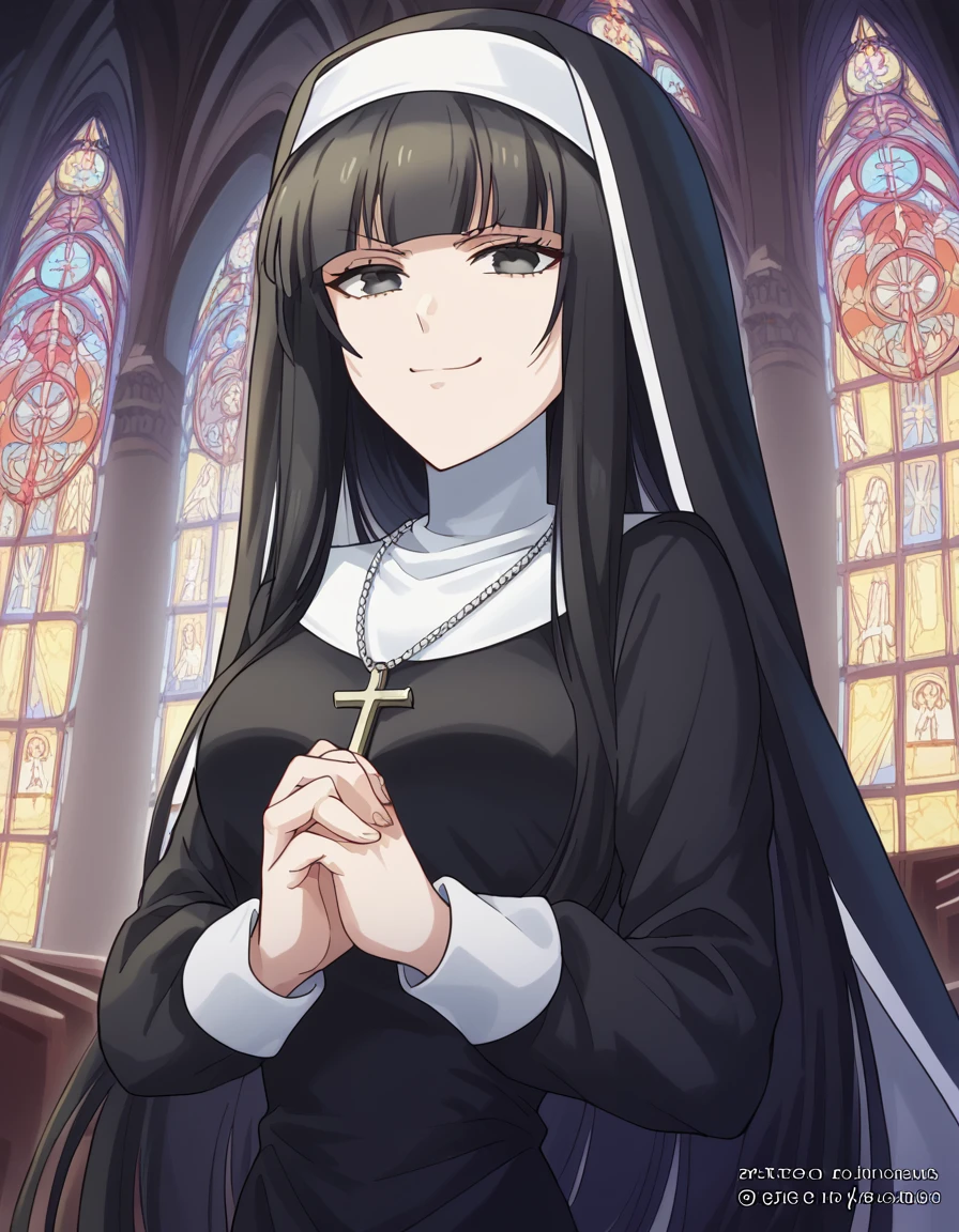 score_9, score_8_up, score_7_up, source_anime, <lora:mikoto-kuga-s1-ponyxl-lora-nochekaiser:1>, mikoto kuga, long hair, bangs, black hair, blunt bangs, black eyes, medium breasts,, <lora:traditional-nun-ponyxl-lora-nochekaiser:1>, traditional nun, nun, habit, long sleeves, dress, black dress, jewelry, black veil, cross, cross necklace,, church, smug, praying,, , dutch angle, cowboy shot