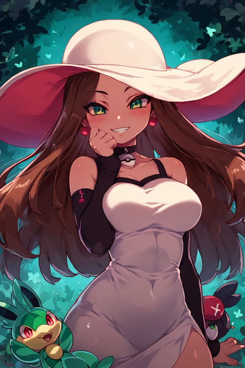 score_9, score_8_up, score_8, medium breasts, (curvy), cute, eyelashes,       ,,, , ,,,  zzBeauty, brown hair, long hair, green eyes, earrings, large breasts, white sun hat, white dress, black sleeves, <lora:Beauty_Pokemon_PDXL:0.8>, ,,,, BREAK, smile, looking at viewer, cowboy shot, ,,, embedding:zPDXL, Expressiveh, ,,, <lora:Zankuro_Style_PDXL:0.8> <lora:SDXLFaeTastic2400:0.5>, <lora:Expressive_H-000001:0.4>,