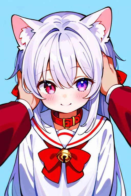 zPDXL3, score_9, score_8_up, score_7_up, heterochromia, younger, white hair, 1girl, animal ears, bangs, bell, blush, bow, closed mouth, collar, eyebrows visible through hair, hair between eyes, headpat, jingle bell, long hair, long sleeves, neck bell, out of frame, pov, purple eyes, red bow, sailor collar, school uniform, shirt, silver hair, blue background, smile, solo focus, tail, very long hair, <lora:Shiro:1>,