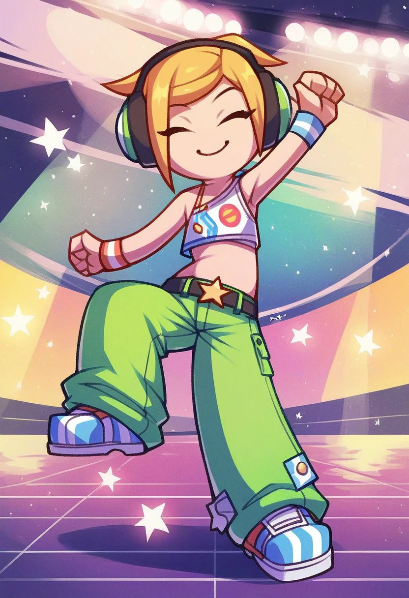 score_9_up, score_8_up. score_7_up, score_6_up, 1girl, solo, DJCandy_MySims, short blonde hair, eyes closed, smile, headphones, bikini top, baggy green pants, belt, wristband, striped footwear, adult, (dancing), (painted art), (at a disco)