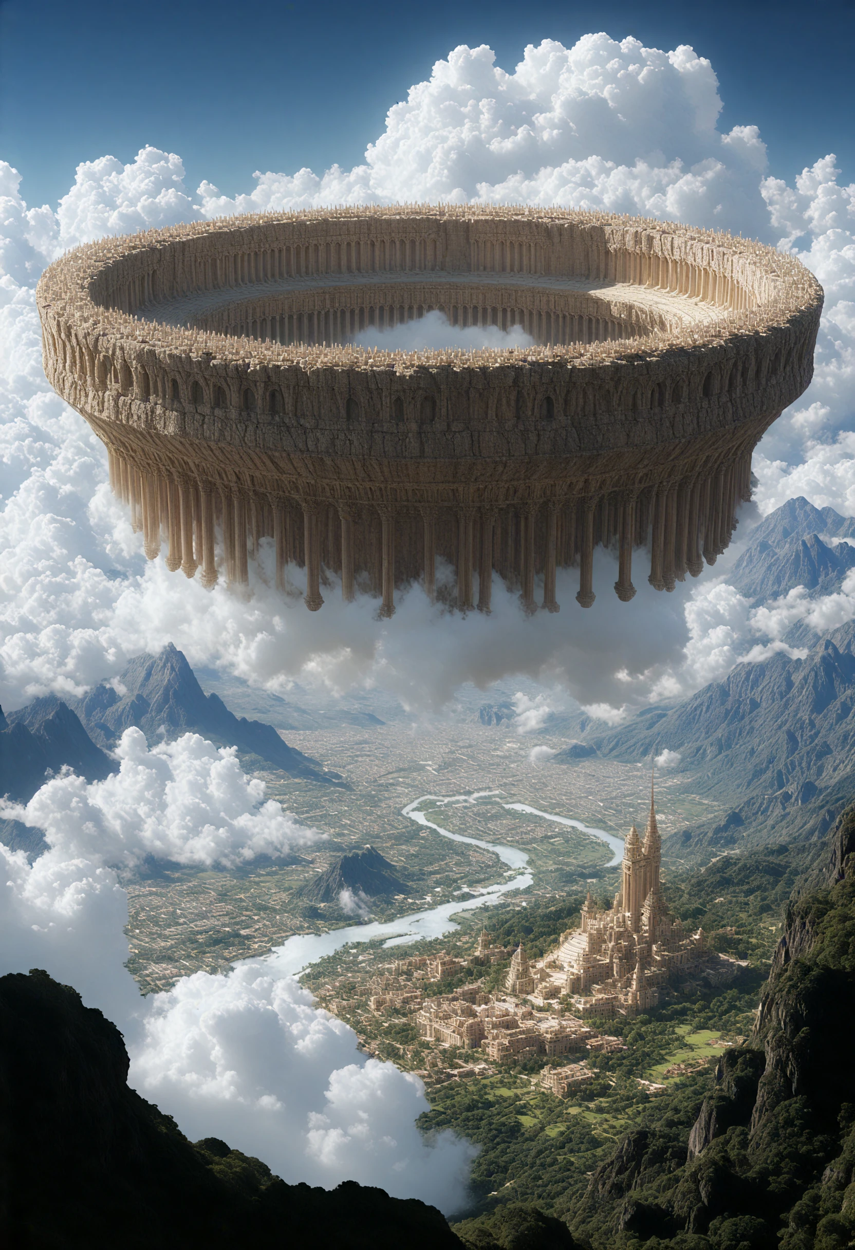  a grand, floating city suspended in the sky, reminiscent of ancient ruins and classical architecture. The scene should feature a massive, circular structure with tall, intricate columns and weathered stonework, partially embedded within fluffy, luminous clouds. Below the floating structure, depict a sprawling, majestic cityscape filled with ornate buildings, towering spires, and grand domes, set within lush greenery and winding rivers. The sky is clear and blue, with distant mountains visible on the horizon, adding depth and scale. The atmosphere should be serene and awe-inspiring, with light gently illuminating the scene, casting soft shadows to enhance the timeless and otherworldly ambiance, in ancient style.