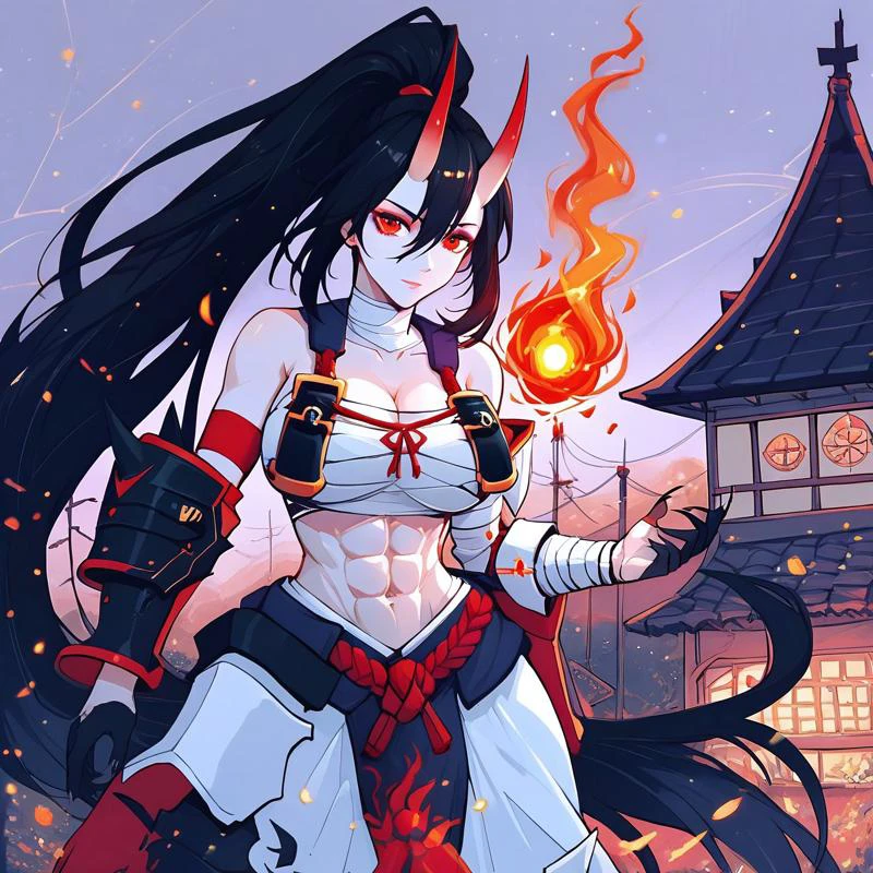 safe_pos, score_9, score_8_up, score_7_up, tamaytka, detail1eye,
1girl, solo,
straight-on shot, panorama,
(standing),
hand up, open hand
Fireball, casting fireball with hand up,
BREAK
(Thicc:1.4), (large breasts:1.4), (wide hips:1.5), (thick thighs:1.2), abs, fit, White skin,
akakage youtou hime, (Black hair), ponytail, (absurdly long hair:1.4),
red eyes, tsurime,
sarashi, bandages, midriff, detached sleeves, (floating armor arm piece:1.5), single gauntlet, faulds, sharp nails, (black hands:1.5),
BREAK
(night), moon, (Japanese village), (darkness:1.4), (Japan night)
