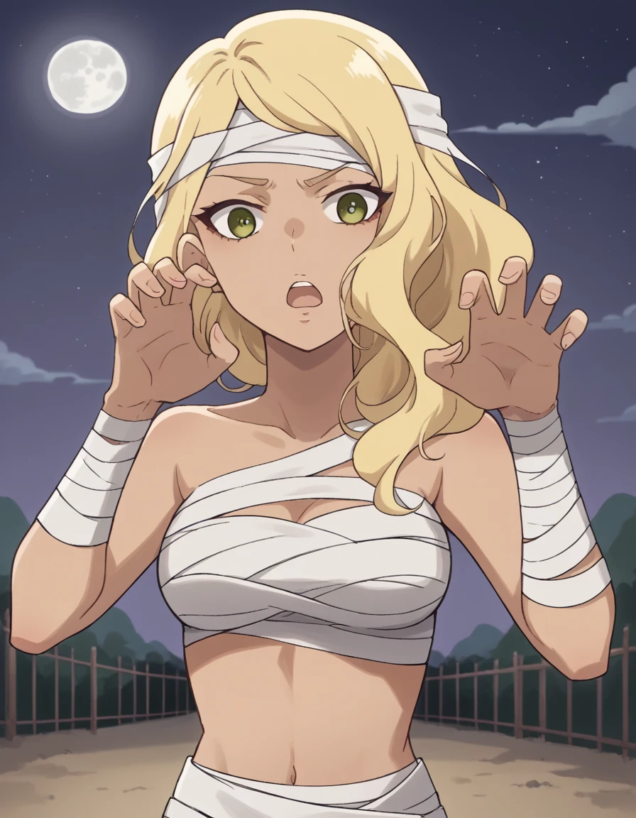 score_9, score_8_up, score_7_up, source_anime, <lora:sonoe-juujou-s1-ponyxl-lora-nochekaiser:1>, sonoe juujou, long hair, blonde hair, green eyes, dark skin, dark-skinned female, medium breasts, <lora:mummy-costume-ponyxl-lora-nochekaiser:1>, mummy costume, bandages, halloween costume, bandaged arm, zombie pose, bandage on face,, desert, moon, night, open mouth, , dutch angle, cowboy shot
