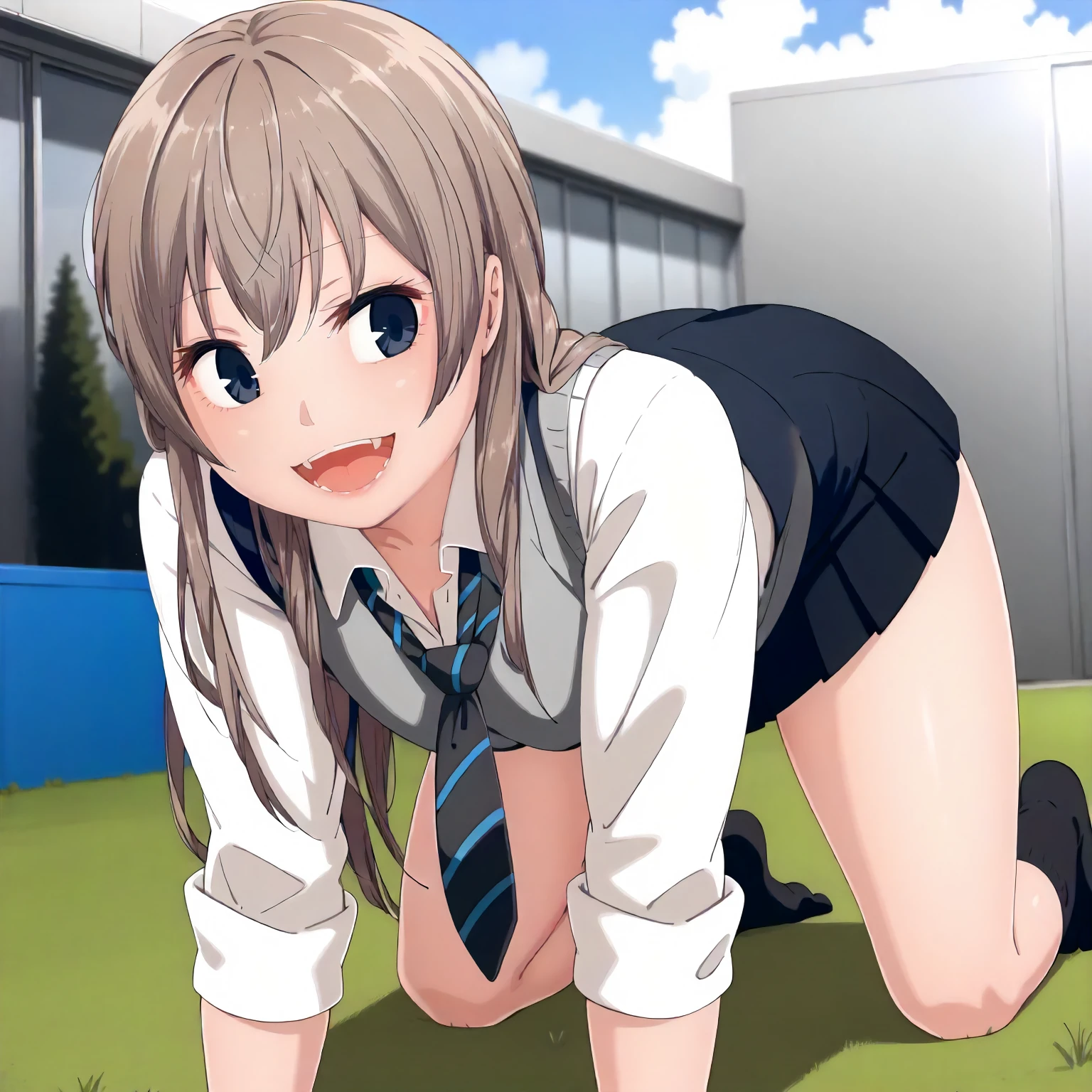 <lora:UnOMdDDMnK_ChiakiXLpony001>,
outdoors,
open mouth,smile,
solo,
Chiaki,1girl,light brown hair,long hair,indigo eyes,
school_uniform,loose tie,gray sweater vest,sleeves rolled up,
black skirt,pleated_skirt,miniskirt,
black socks,
all fours,