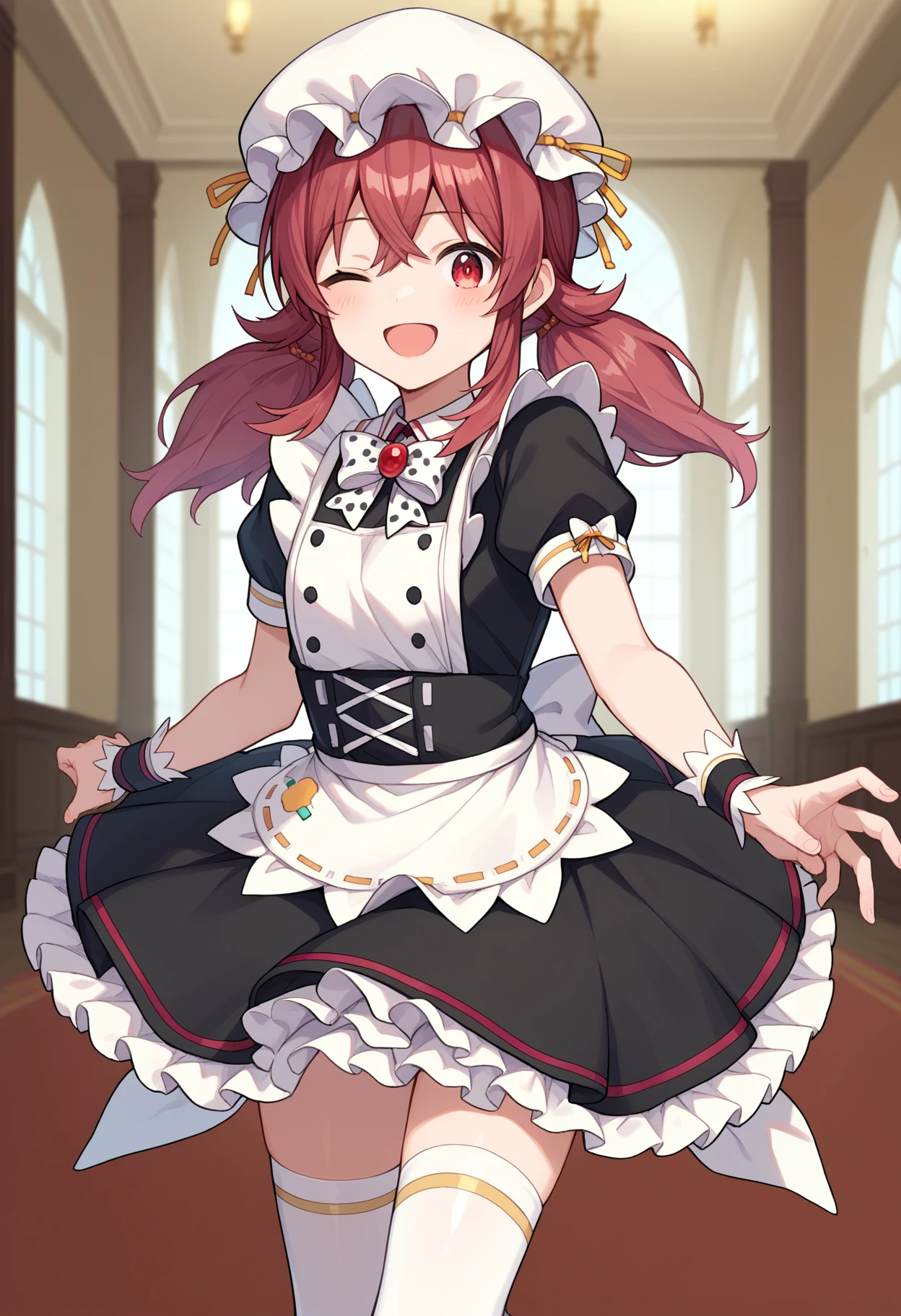 score_9, score_8_up, score_7_up, source_anime,
BREAK
1girl, solo, 
<lora:shiKomiyaKahoV1:1.0>,
shikomiyamaid, long hair, red hair, red eyes, hair between eyes, white bow, low twintails, 
maid headdress, maid, maid apron, frilled apron, 
frilled dress, black dress, puffy short sleeves, wrist cuffs, mob cap, white headwear, 
white thighhighs, 
looking at viewer, smile, one eye closed, open mouth,