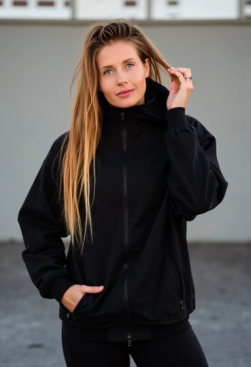 high quality front photo of charlottedewitte woman. She wears black sportswear and a black hooded jacket. charlottedewitte woman is combing her blonde hair with her hand. The photo is taken during the day