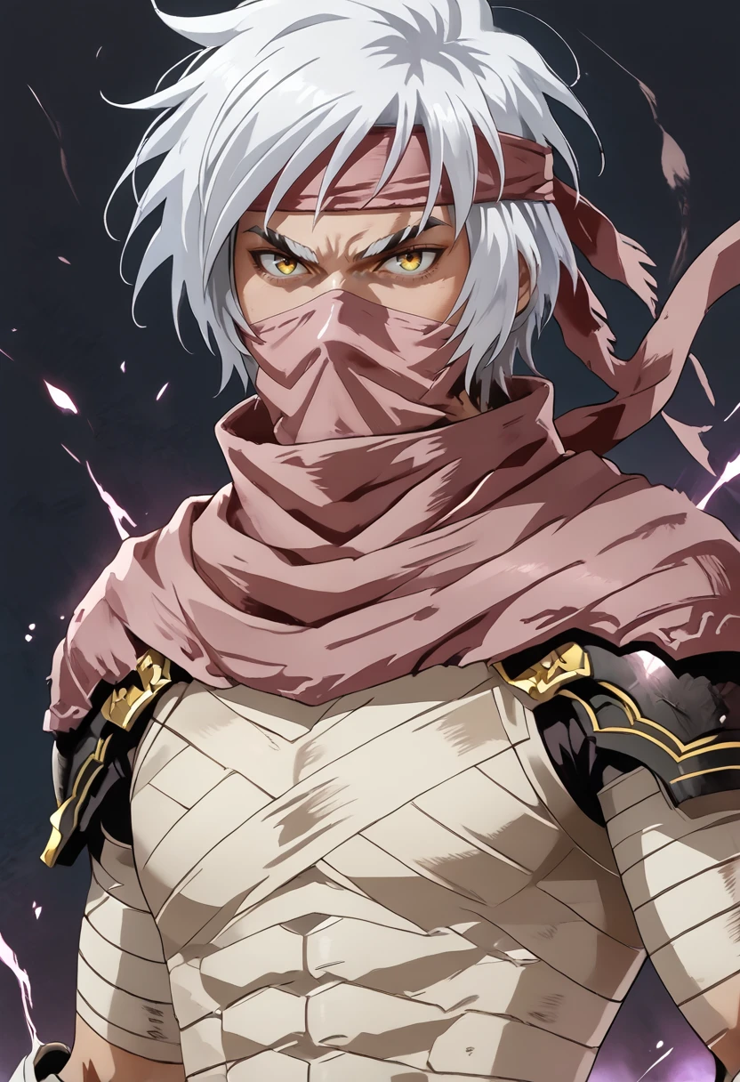 (masterpiece), (best quality), source_anime, score_9, score_8_up, score_7_up, (masterpiece:1.2), (best quality:1.3), 1boy  <lora:Iruga_Alam_Ragnarok:0.8> iruga_rota, white hair, scarf, mask, headband, simple background, bandages, upper body, weapon, fighting stance <lora:Anime Style (Vauxz) PONY:0.8>, low-key lighting, lo-fi, glow, dynamic cinematic lighting, ray_tracing, global illumination, masterful composition, dynamic movement