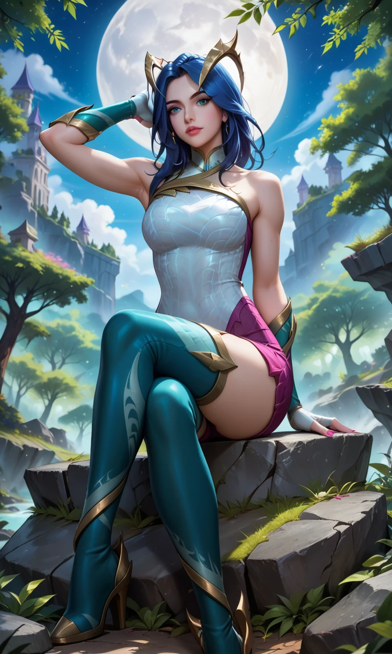 score_9, score_8_up, score_7_up, (solo, 1girl), absurdres, ,highres, official wallpaper), (masterpiece, best quality:1.2), (illustration, realistic), (perfect details, highest detailed, extreme detailed), 
fae dragon ashe, source_league_of_legends, long hair, breasts, looking at viewer, smile, bangs, blue eyes, hair ornament, thighhighs, gloves, closed mouth, fingerless gloves, nail polish, thigh boots, pink nails, high heel boots, pants, closed mouth, forest, (sitting on rock:1.5), night, midnight, moon